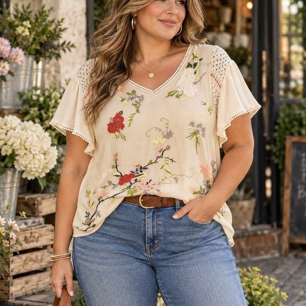 Cato Collection Limited Edition 14/16W Embroidered Floral Boho Blouse Top